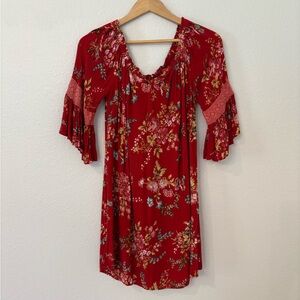 Chances‎ R Red Floral Tunic Top Shirt Women's L Bell Sleeve Crochet Boho Peasant